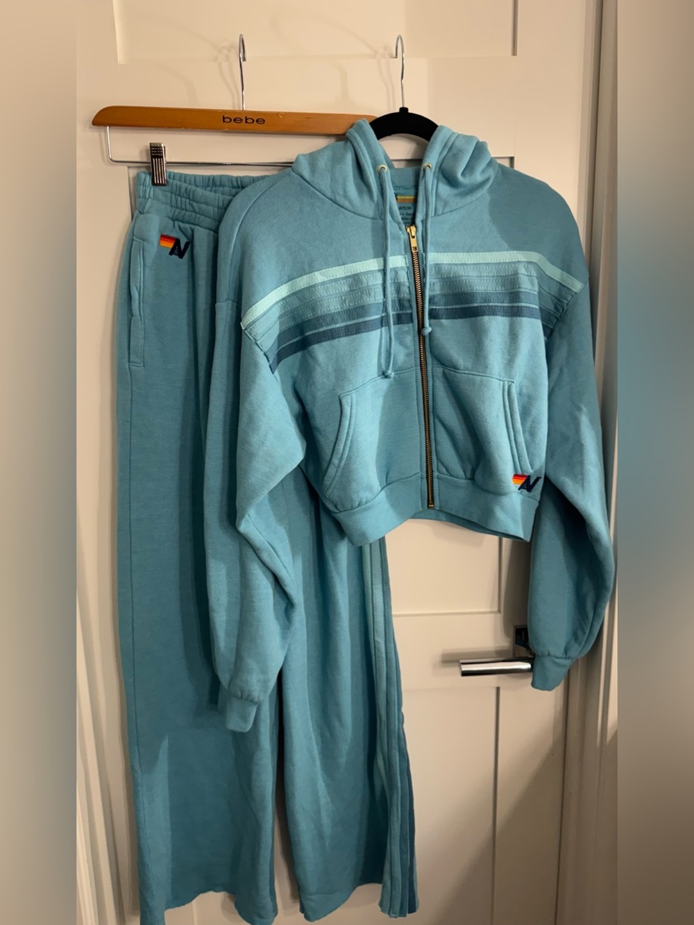 Aviator Nation 5 stripe aqua cropped hoodie and wide leg sweatpants NWOT XS set